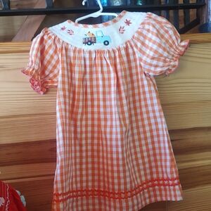 Orange Gingham Dress with Embroidered Truck